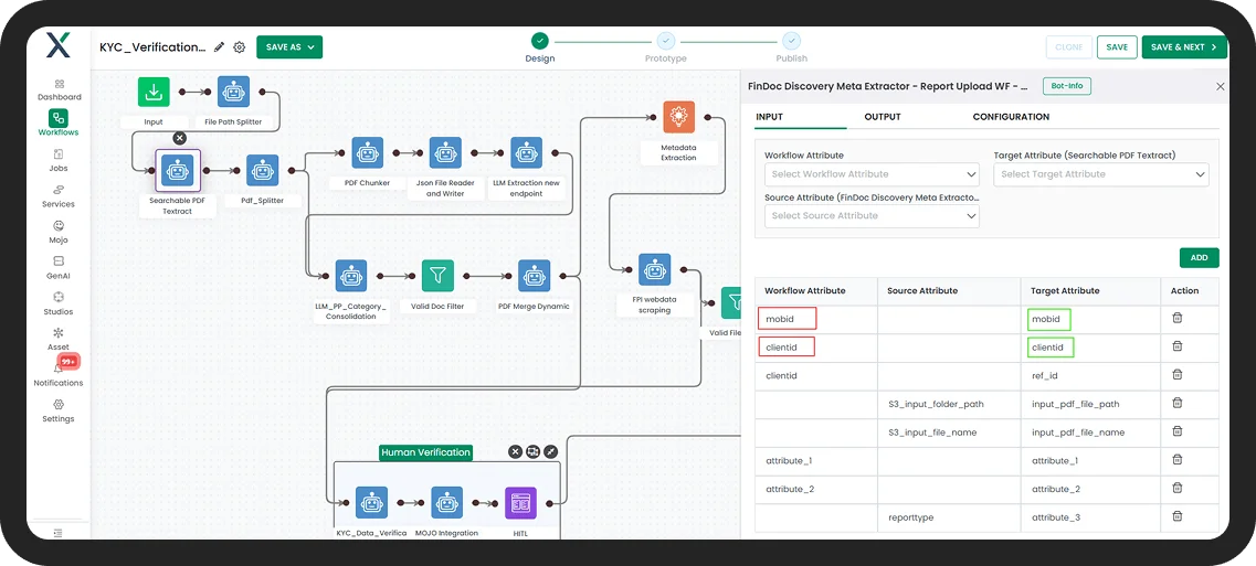 XDAS workflow orchestration interface showing document processing, AI extraction, validation, and human-in-the-loop review