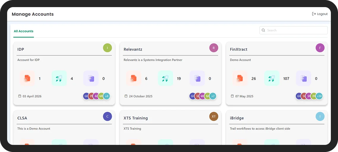 XDAS account management dashboard showing client workspaces, workflow activity, and user administration