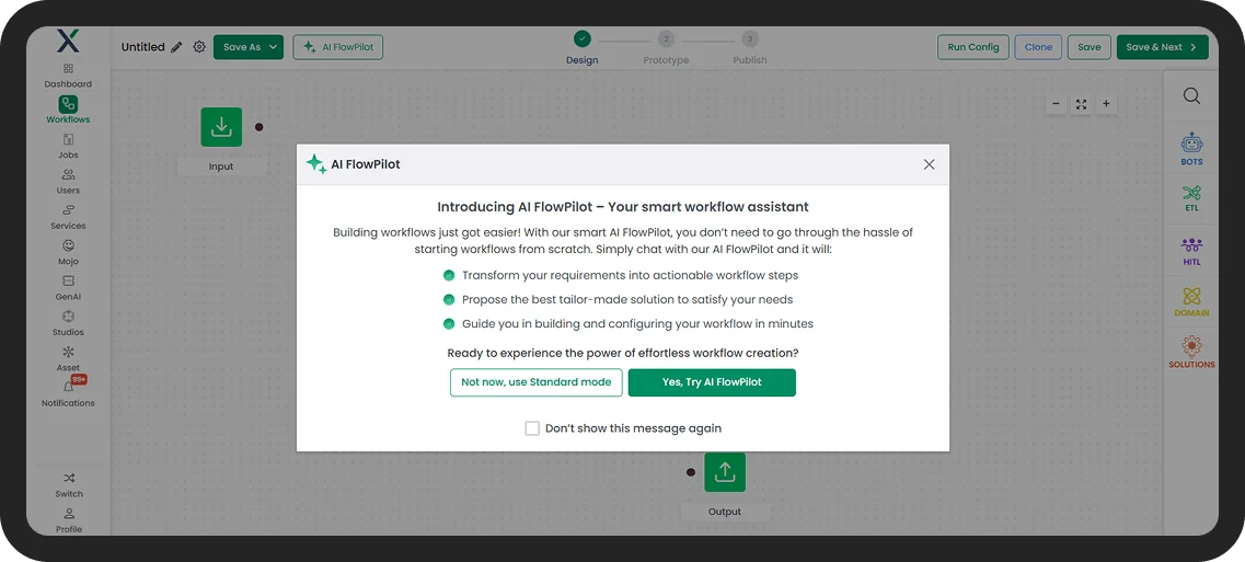 AI FlowPilot in XDAS helping users create workflow automations through AI-guided workflow design