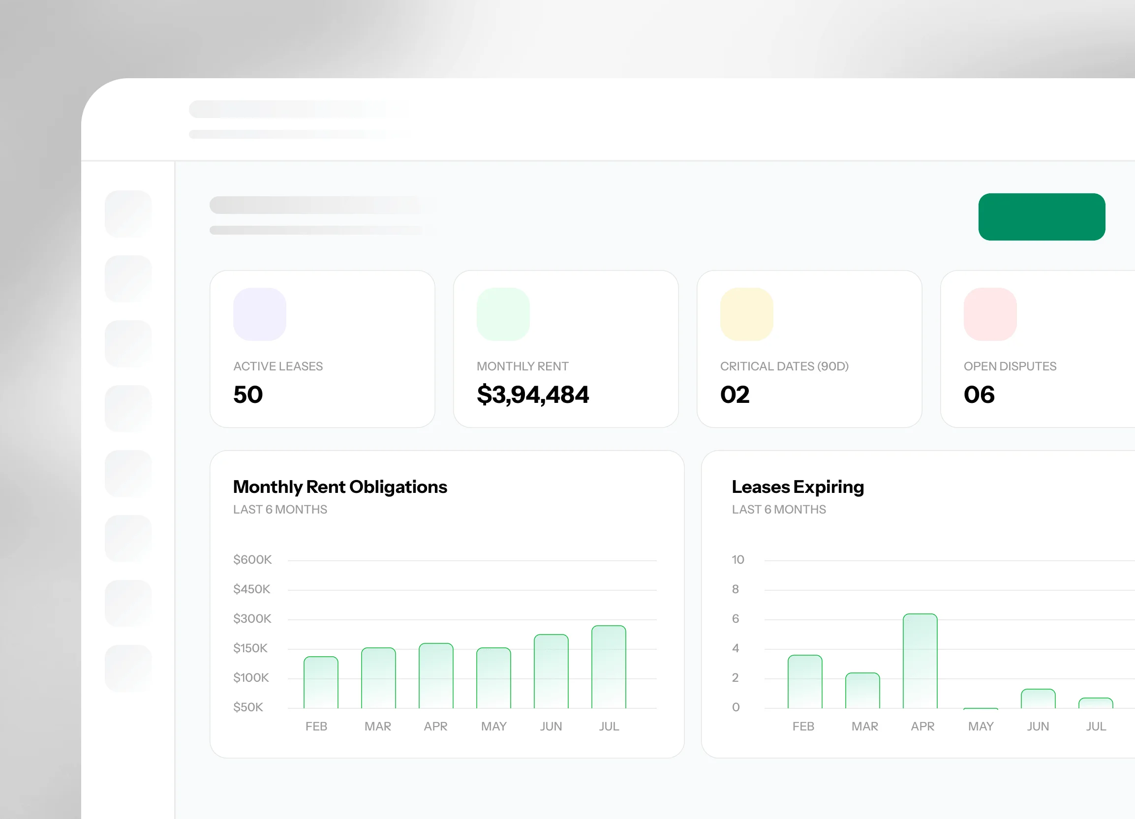 Dashboard showing lease administration, lease obligations, rent tracking, and portfolio insights for commercial real estate operations