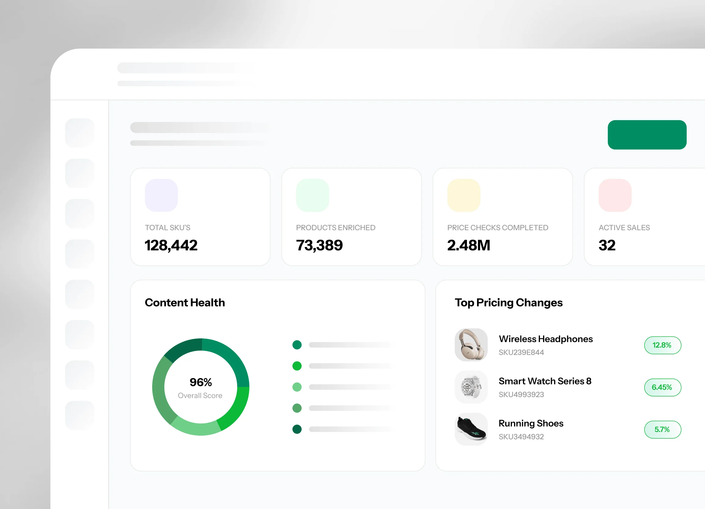 Dashboard showing product information management, catalog standardization, product enrichment, and pricing intelligence